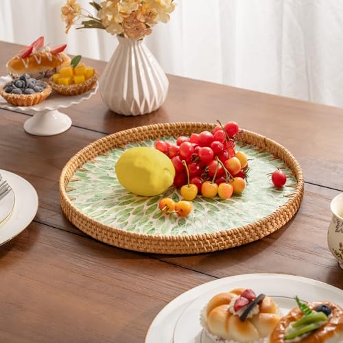 StorageWorks Decorative Coffee Table Trays for Home Decor, Round Rattan Tray with Mother of Pearl Inlay, Large Wicker Woven Serving Tray Decor for Kitchen Counter,Living Room and Ottoman, Green - color: Green Leaf, size: 13.4"