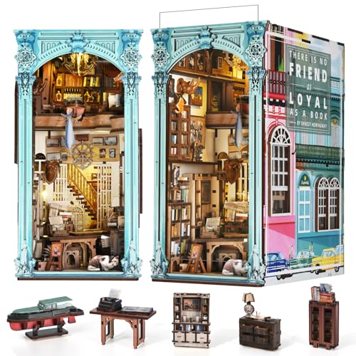 MiniCity DIY Book Nook Kit for Adults, 3D Wooden Puzzle Bookend Bookshelf Insert Decor with LED Light and Dust Cover (Hemingway House) - style: Hemingway House