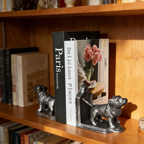 1 Pair Dog Book Ends Dog Decorative Bookends for Shelf Vintage Cast Iron Book Ends for Heavy Books for Home, Office （Retro Silver Dog） - color: Retro Silver Dog