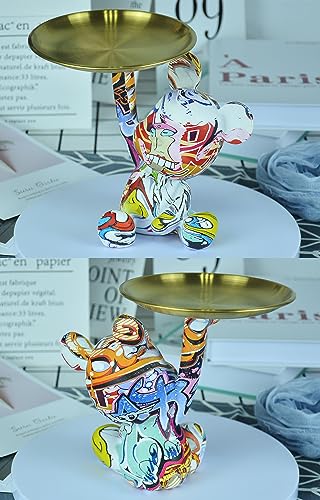 Keychain Bowl Tray Bear Statue, Resin Animal Sculpture Home Decor for Office, Living Room, Bedroom, Accessory Storage Tray for Entryway Table (Graffiti) - color: Graffiti