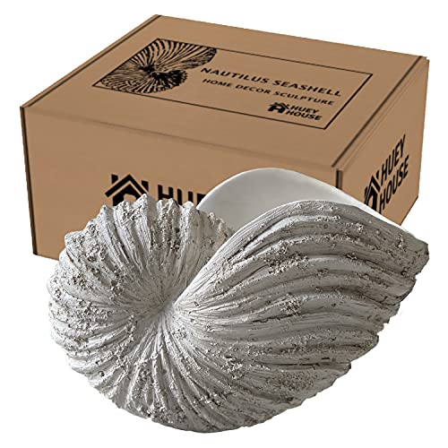 Nautilus Shell Sculpture - Replica Beach Themed Ocean Decor for Home - Rustic White Resin 10¼" x 6" x 8" Crafted Coastal Seashell Shelf Decor Gift-Boxed