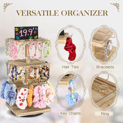 LadyRosian 3-Tier Wooden Rotating Jewelry Display Stand | Bracelet & Keychain Organizer with Advertising Board | 48 Hooks Rustic Holder for Vendor Booth & Stores (3-Tier Square Slot Display) - color: 3-Tier Square Slot Display