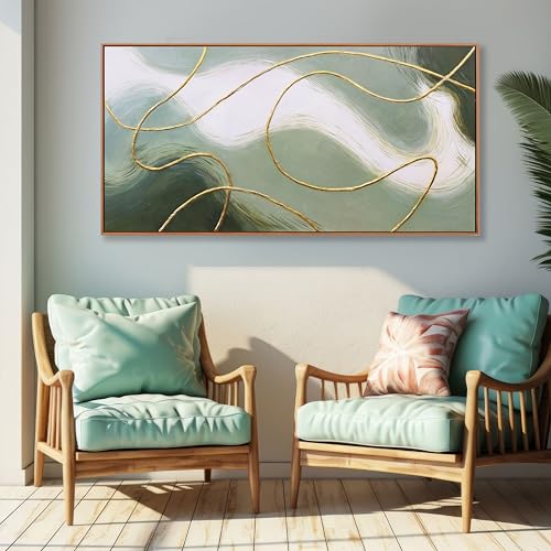 Abstract Wall Art Minimalism Green White and Gold Lines Boho Canvas Wall Decor Framed Artwork Modern Home Wall Decor for Living Room Bedroom Office 20"x40" - color: Green, size: 40"L x 20"W