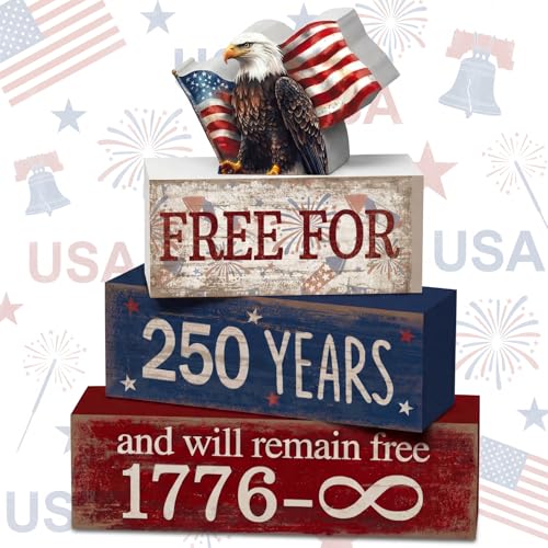 CroBlissful 4 Pcs 250th Anniversary 4th of July Decorations Patriotic Memorial Day Tabletop Decorations America Eagle Red White Blue Table Centerpieces USA Sign for Office Tiered Tray Home Shelf - style: 250 Years