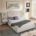 Luxury Queen Size Bed Frame with LED Lights and Nightstands, Modern Velvet Upholstered Platform Bed Frame with Oversized Headboard, Buttons Around, No Box Spring Needed, Beige | Breathable material - color: Beige-velvet, size: Queen