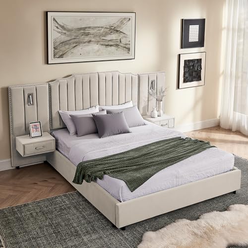 Luxury Queen Size Bed Frame with LED Lights and Nightstands, Modern Velvet Upholstered Platform Bed Frame with Oversized Headboard, Buttons Around, No Box Spring Needed, Beige | Breathable material - color: Beige-velvet, size: Queen