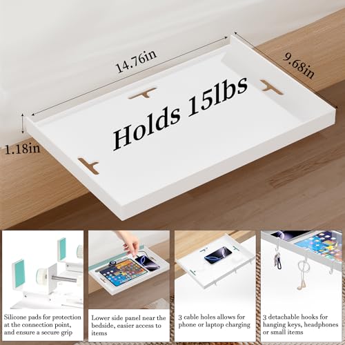 Foldable Bedside Shelf, Metal Clip-On Bed Tray Table for Bunk Bed & Dorm Beds, Dorm Room Essentials Organizer for College Students, Floating Tray, Space Saving Nightstand for Loft Beds (White, Large) - color: White, size: Large