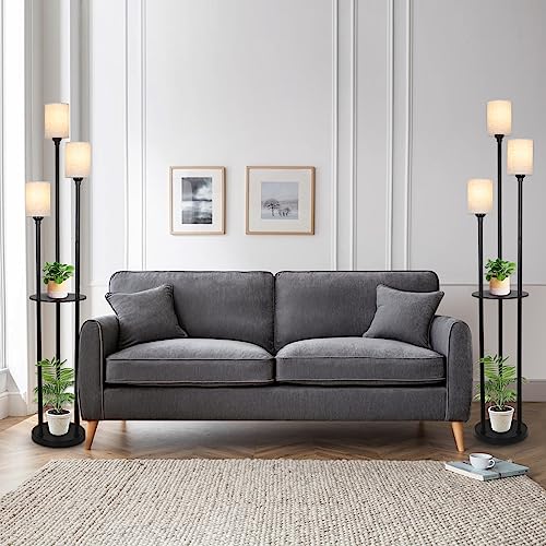 Floor Lamp with Shelves, Modern Floor Lamps for Living Room, 3-Lights Standing Lamp with Linen Shade and Foot Switch, Industrial Standing Lamps for Bedroom, Black Tall Table Lamp for Office - style: Black-Fabric Shade