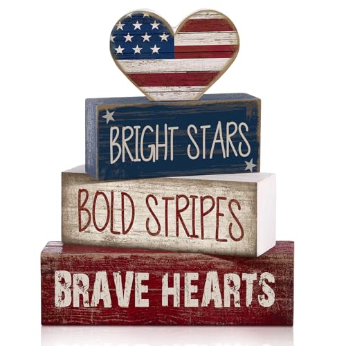 CroBlissful 4 Pcs 4th of July Decorations Patriotic Memorial Day Tabletop Decorations Red White Blue Table Centerpieces Sign for Office Tiered Tray Home Shelf 250th Anniversary(Brave Heart) - style: Brave Heart