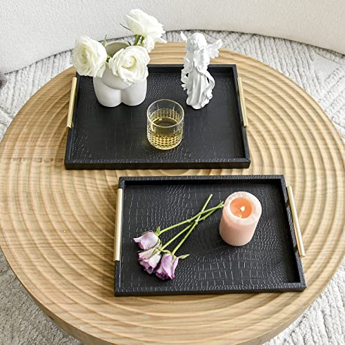 Set of 2 Modern Elegant Large Wood Serving Tray, Rectangle Decorative Tray Ottoman Tay Coffee Table Tray, Black Crocodile Leather with Gold Polished Metal Handles - style: Black Crocodile Tray