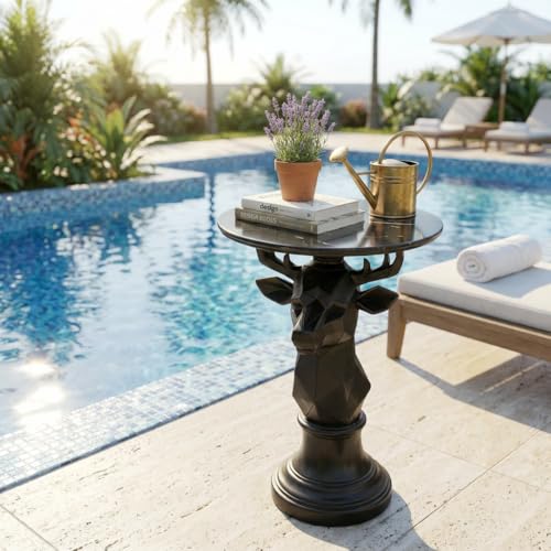 Deer Side Table for Living Room - 20" Faux Marble Top Accent End Table with Hand-Carved Resin Deer Statue Base - Modern Round Bedside Table for Bedroom, Patio, Entryway,Gift - Tool-Free Setup - color: Black Deer