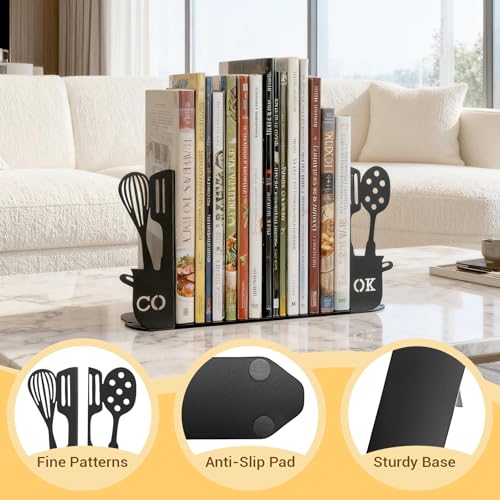 ENCIMART Metal Book Ends for Shelves, Kitchen Bookends Home Decorative Bookends for Heavy Books, Unique Cute Cookbook Organizer Book Holder for Kitchen Housewarming Cooking Book Lover Gifts, Black - color: Black Cook