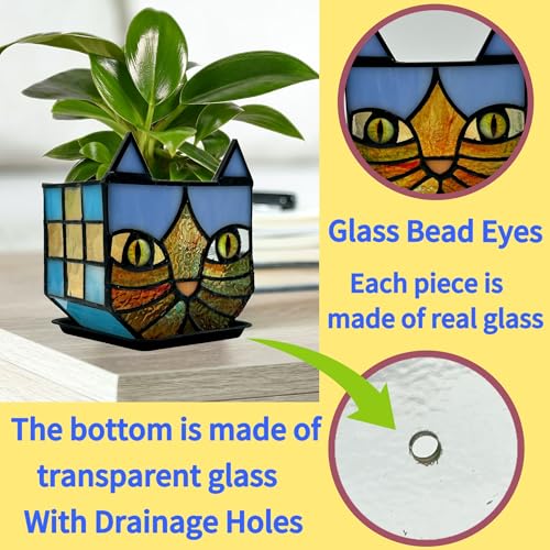 Tiffany Style Stained Glass Cat Flower Pots with Drainage,Funny Blue Cat Planter,Cute Garden Pots,Flower Pots for Indoor Plants,Gifts for Plant Lovers,4.6x3x5.15 in - color: Blue