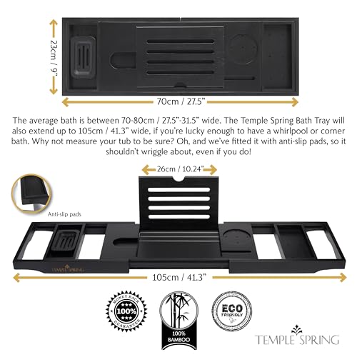 Temple Spring Bamboo Bathtub Tray Caddy for Tub — Expandable Wood Bath Tray with Solid Book Stand Wine Holder and Non-Slip Pads — Includes Bamboo Soap Dish and Spa Accessories — Luxury Bath Gift Set - color: Black