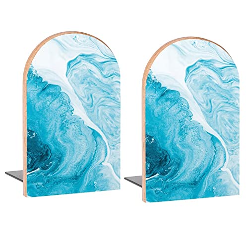 Abstract Blue Marble Book Ends Decorative Wood Bookends for Shelves Kids Room Desk Home Office Book Stoppers for Magazines,Books, DVDs, 1 Pair/2 Pieces(5x3.1 in) - color: Abstract Blue Marble
