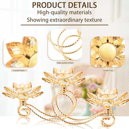 2Pcs Gold Crystal Metal Tea Light Candle Holder Set, 3-Arm Flower Shaped Crystal Votive Candlestick Holders for Table Centerpiece, Wedding Shower, Party and Home Decor - color: Gold, size: 3 arm