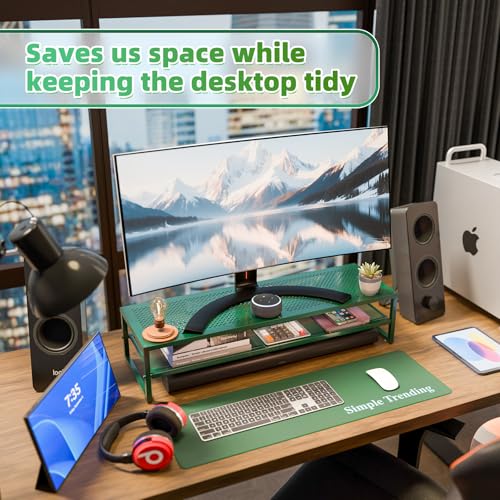 Simple Trending 2 Tier Metal Dual Monitor Stand Riser, Computer Office Desktop Organizer for 2 Monitors with 32"x10" Mouse Pad for Laptop, Printer, TV, Green - color: Green, size: 32"L x 10"W x 7"H