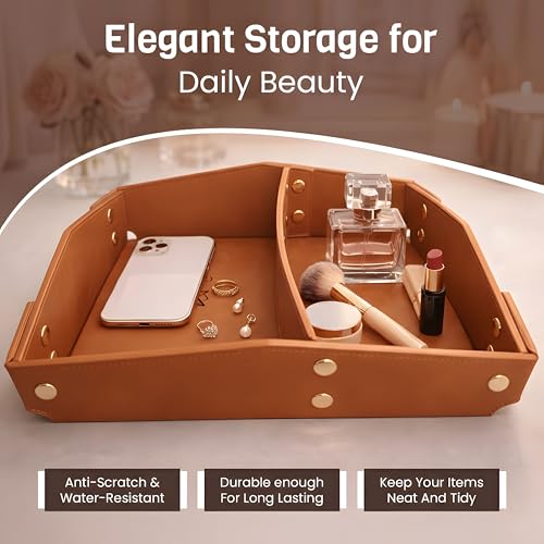 Valet Tray Organizer for Men & Women - PU Leather Catch All Tray with Removable Divider - EDC Storage for Keys, Watch, Phone - Nightstand, Dresser & Desk Organizer - Saddle Tan - color: Saddle Tan