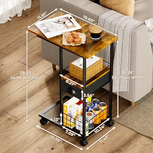 C Shaped Sofa Side Table with Wheels, Rolling Small Coffee Table with Drawer, Portable TV Tray Table for Couch, Bedside Table with Storage, Narrow Nightstand for Bedroom, End Tables Living Room - color: Black, size: Large (With Drawer & Wheels)