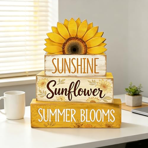 4 Pcs Sunflower Decor Faux Book Stack Blocks Farmhouse Tiered Tray Decor Summer Decorations for Home Kitchen Table Rustic Sunflower Kitchen Decor - style: Sunflower