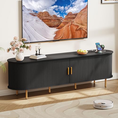 DHH 70.8 Inch Mid Century Modern TV Stand with Power Outlet for TVs up to 80 Inch, Entertainment Center with Storage and Adjustable Shelves, Media Console with Sliding Doors for Living Room, Black - color: Black, size: 71 Inch