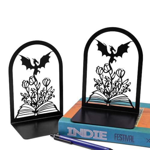 Book Ends, Bookends, Book Ends for Shelves, 1 Pair Non Skid Metal Book Divider Decorative Holder, Abstract Art Desgin Book Stopper Supports for Office, Home (Dragon A) - color: Dragon a