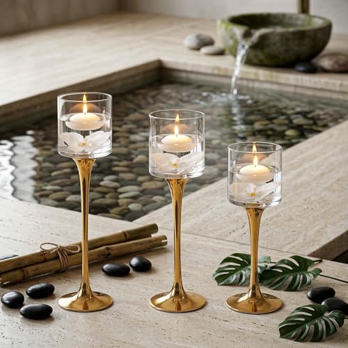 Royal Imports Glass Candleholder Flower Vase, Floating & Pillar Candle Centerpiece Display, Decorative Hurricane on Pedestal for Home or Wedding Set of 3, Gold - color: Gold