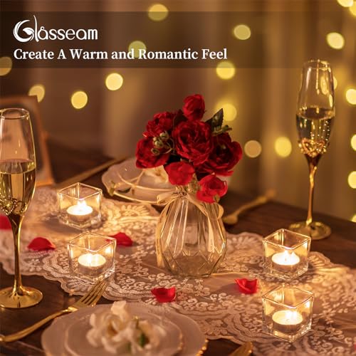 Glasseam Glass Votive Candle Holders: Set of 12 Clear Square Tealight Holder Small Tea Light Holders for Table Centerpiece Wedding Decor