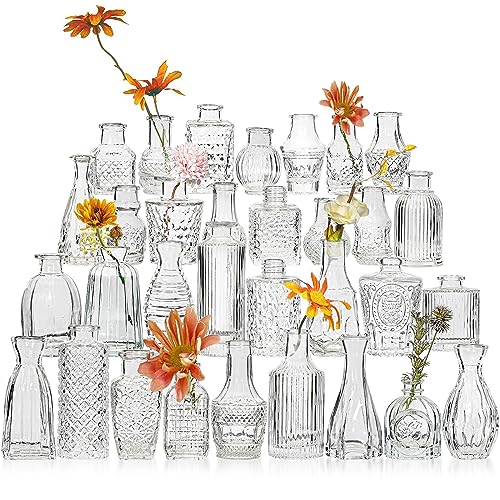Glass Bud Vase Set of 32 Pcs, Small Glass Vases for Flowers, Clear Bud Vases in Bulk, Vintage Vases for Wedding Centerpieces, Wedding Decorations, Home Table Flower Decor - color: Clear