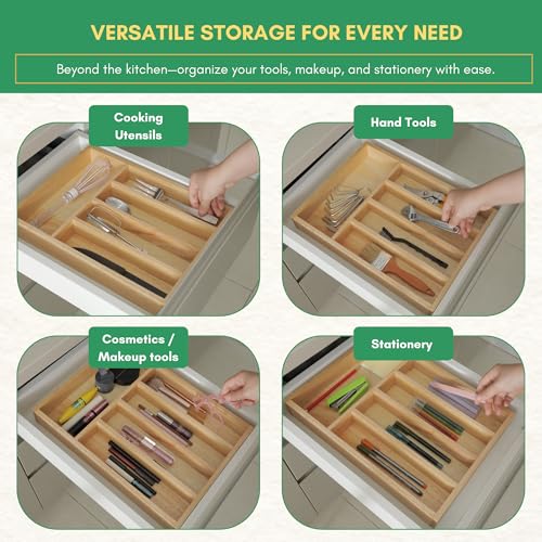 Rubber Wood Silverware Organizer for Drawer - [15"L x 11"W x 2"H] Utensil Tray, 5 Compartment Flatware Holder, Multi-Purpose Kitchen Drawer Organizer for Utensils, Stationery & Hand Tools