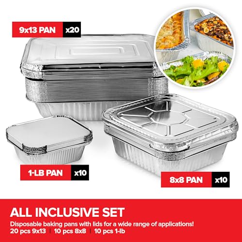 Disposable Foil Pans with Lids (Set of 40) Heavy Duty Aluminum Pans with Lids (20) 9x13, (10) 8x8, (10) 1-Lb Baking Tins with Covers for Cooking, Heating, Holiday Dinner Meals, Stock Your Home - size: Assorted 40 Pack w/ Lids