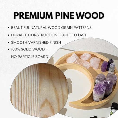 Natural Pine Wood Moon Crystal Display Tray with Dish - Wooden Altar Tray 9.6" x 4.2" for Crystals and Stones Storage - Solid Wood Jewelry Organizer - Bohemian Spiritual Decor - color: Natural With Tray