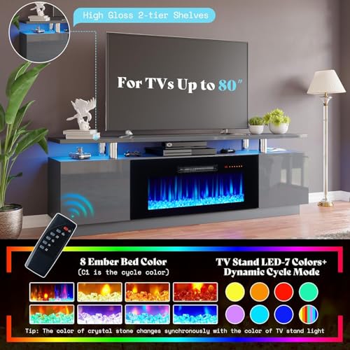 AMERLIFE Fireplace TV Stand with 36" Fireplace, 70" Modern Fireplace Entertainment Center LED Lights, 2 Tier TV Console Cabinet for TVs Up to 80", Grey - color: Grey, size: 70"
