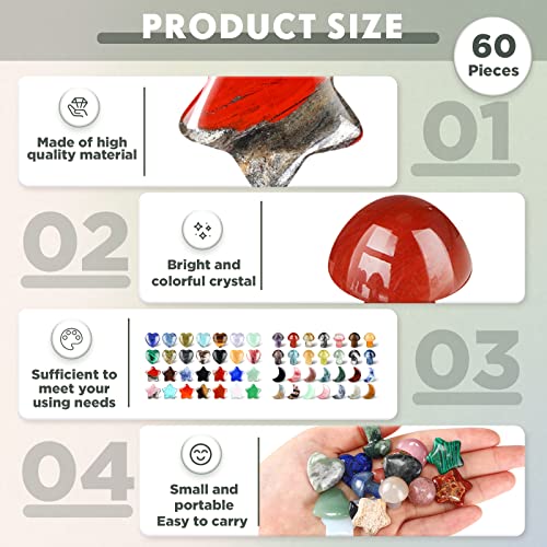 Nuenen 60 Pieces 20 * 20 * 6 mm Crystal Mushroom Sculpture Heart Shaped Moon Star Crystals Stones Bulks Worry Stones Assorted Hand Making Palm Thumb Gemstones for Witchcraft Meditation Reiki(Simple) - color: Simple, size: 20*20*6 mm