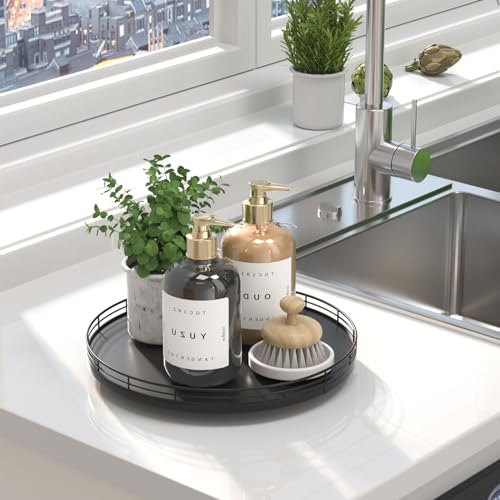 12" Oak Wood Bathroom Tray for Counter, Vanity Tray for Perfume Lotion Candle Makeup Jewelry Sink Soap Holder Turntable Dresser Organizer Countertop Coffee Table Decor Organization and Storage Black - color: Black, size: 12