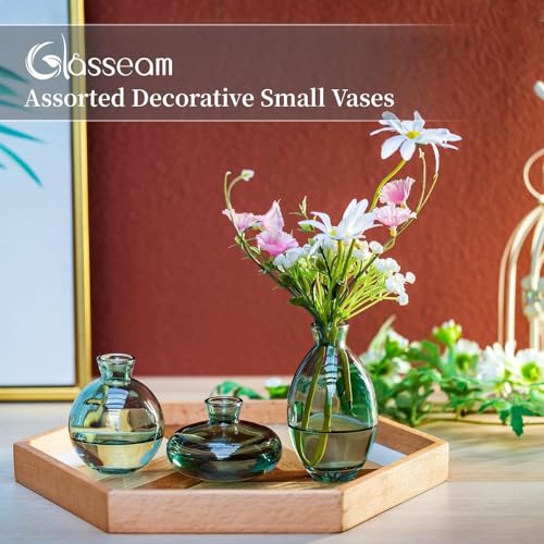 Small Glass Bud Vase for Centerpieces, 6Pcs/2Sets Green Modern Small Mini Flowers Vases Short Minimalist Aesthetic Vintage Cute Handmade Tiny Wedding Table Centerpiece for Single Flower Rose - color: Green, size: 2 Sets