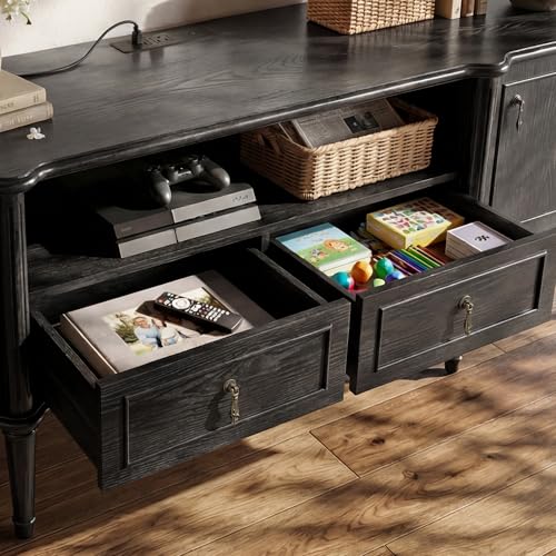 STO'SENSE 63" Pre-Assembled Tv Stand w/Power Outlet, Solid Wood Grain TV Consoles w/2 Cabinets & 2 Drawers, Mid Century Modern Entertainment Center for Living Room, Fits TVs up to 75", Black Oak - color: Black Oak