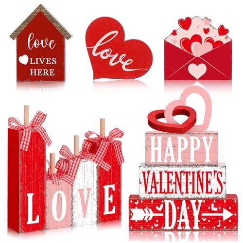Vercraft 11 Pcs Valentine's Day Table Decorations Red Heart Tiered Tray Decor Love Centerpiece Pink Wooden Books Home Table Top Decor for Wedding Party Supplies - style: Love