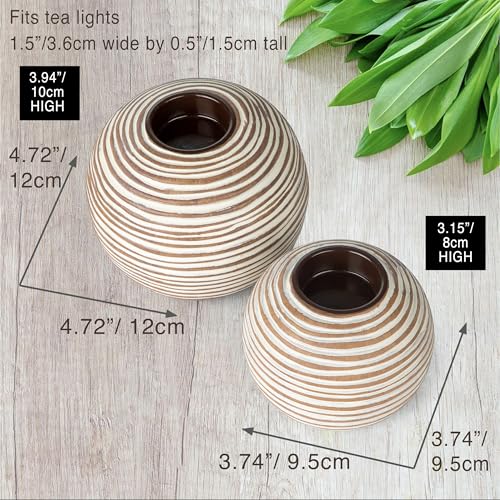 Tuva Orb Candle Holders (Gift Boxed Set of 2), Table Centerpieces for Dining or Living Room, Spa, Bathroom, Kitchen Counter, Mantle or Coffee Table Decor (Light Brown and White) - color: Light Brown and White