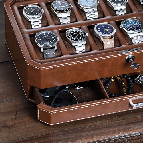 ROTHWELL 12 Slot Leather Watch Box with Valet Drawer - 12 Slot Luxury Watch Case Display Organizer, Microsuede Liner, Mens Accessories Holder, Jewelry Case, Jewelry Display Organizer (Tan/Brown) - color: Tan/Brown