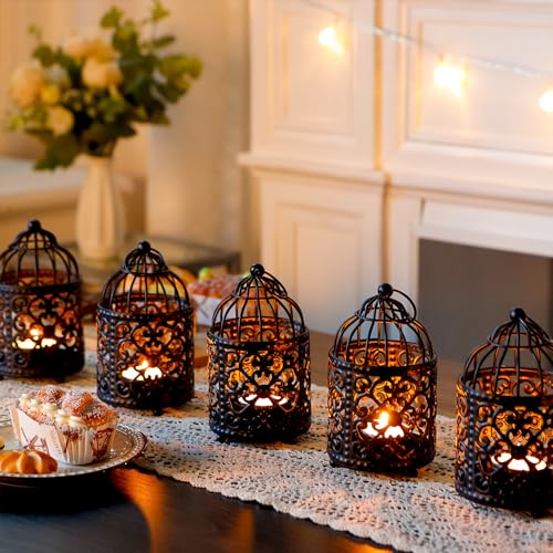 JHY DESIGN 6 Pcs 5.5 inch Height Small Metal Candle Stick Holder Hanging Birdcage Tealight Lantern Hollow Candle Holders for Table Valentine Patio Indoor Outdoor Gifts(Black) - color: Black