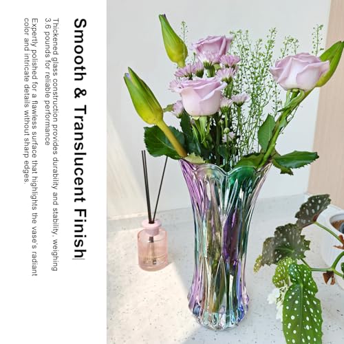 11.2 Inch Glass Vase-Iridescent Purple and Teal Thickened Cylinder Colorful Flower Vase Decor for Home Dining Table Centerpiece Office Wedding Holiday Party - color: Phoenix Tail Pattern-purple and Teal Iridescent, size: Tall