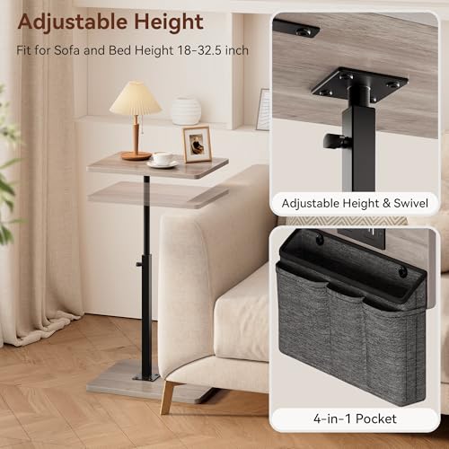 Vagusicc Sofa Armrest Tray Table for Couch - 360° Swivel Height Adjustable Side Table for Small Spaces, Snack Side Table for Bed or Chair, C Shaped End Table Snack Table for Eating Dinner Laptop - color: Greige, style: With Plug+Storage Bag