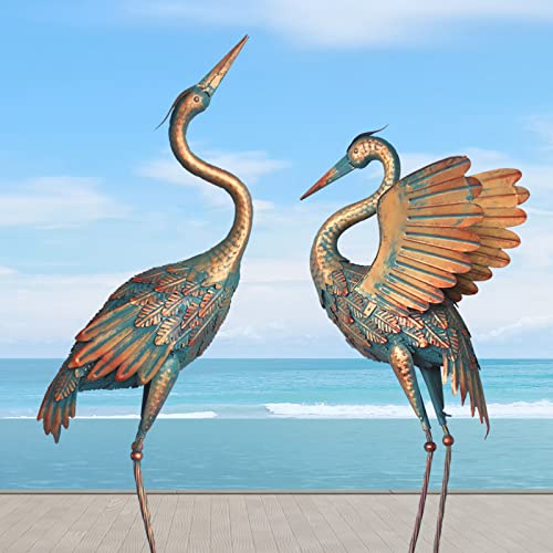 33-37 Inch Metal Crane Garden Statue Décor, Bird Heron Garden Sculpture & Statues, Outdoor Decoration for Yard Pond Lawn Backyard Pool, Vintage Spread Wings Crane, Set of 2 Copper - color: Copper