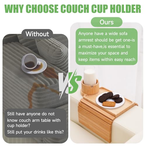 SINWANT Couch Cup Holder Tray,Large Bamboo Couch Armrest Table with Cup Holder,Foldable Anti-Slip Sofa Arm Tray for Coffee Cup,Water Bottles,Mug,Snacks,Remote - color: Bamboo
