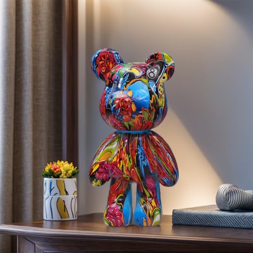 Bear Statue Resin Graffiti Animal Sculpture for Home, Office Decor, Abstract Design for Birthday, Anniversary and Gift Present (Flower Pattern) - color: Flower Pattern