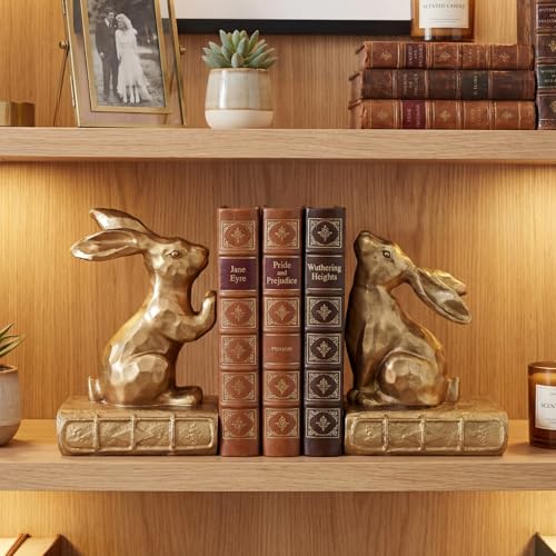 Tatuo 2 Pcs Decorative Rabbit Bookends for Shelves, Bunny Gift Book Ends for Heavy Books Animal Stopper Retriever Statues Bookends with Anti-Slip Base for Book Lover Home Bookshelf, Bronze - style: Rabbit