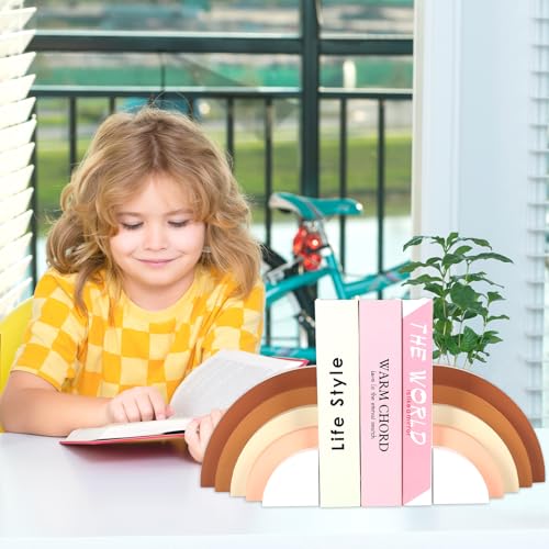 JarThenaAMCS 2Pcs Boho Rainbow Wood Bookends Arch Book Stands Non Skid Decorative Book Ends for Home Nursery Office Library Books Movies CDs Supplies