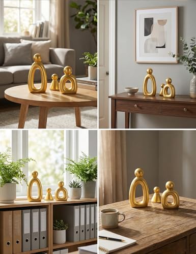 Abstract Family of 3 Figurines Modern Sculptures - Minimalist Home Decor for TV Stand, Bookshelf, Living Room | Decorative Accents and Gift Ideas as Knick Knacks for Shelves (GLOD) - color: Glod