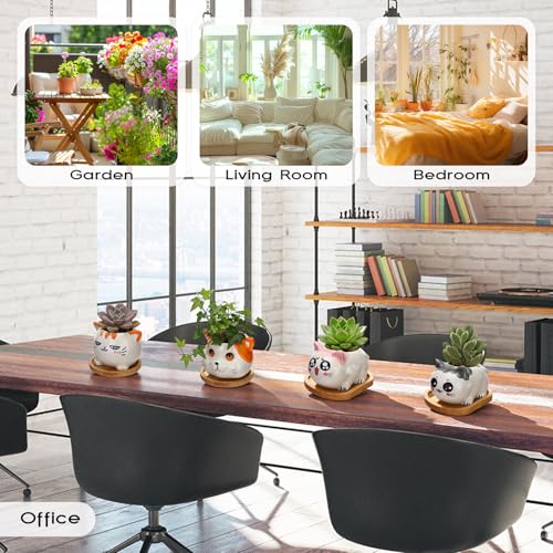 Cindeer 18 Pcs 2.5 Inch Cat Ceramic Succulent Planter Pots – Cute Cat Small Pots with Drainage Hole and Bamboo Tray for Succulents, Cactus, Home Garden Office Desk Decoration Gift Ideas - style: Cat